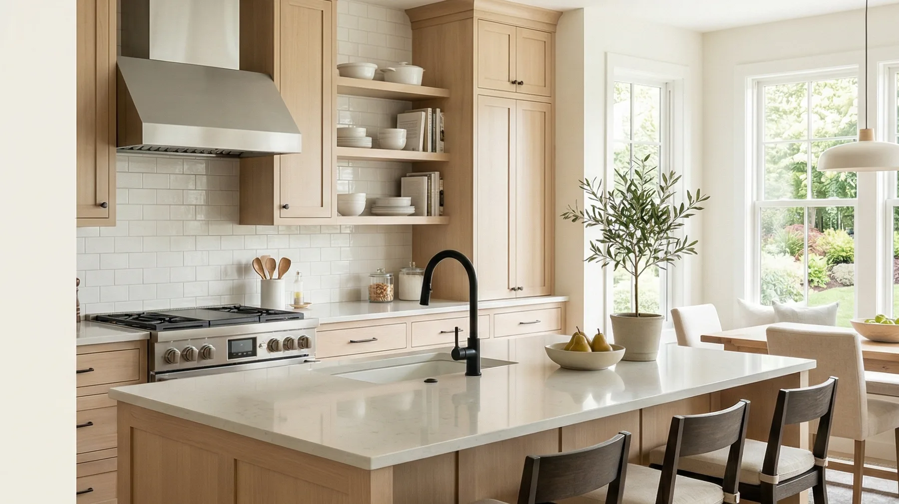 Bright, polished kitchen interior with warm wood cabinetry, an oversized island, and clean counters.